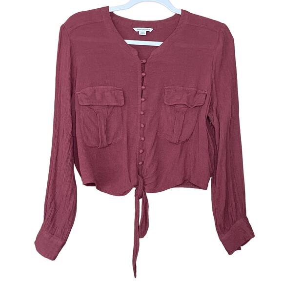 American Eagle Mauve Pink Tie Front Cropped Long Sleeve Top Size Large - Picture 1 of 9
